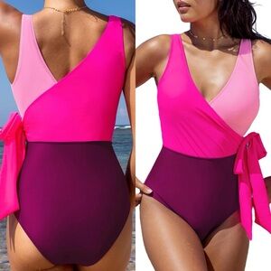 NWT Women's One Piece Swimsuit Wrap Color Block Tie Side Bathing Suit SIZE LARGE